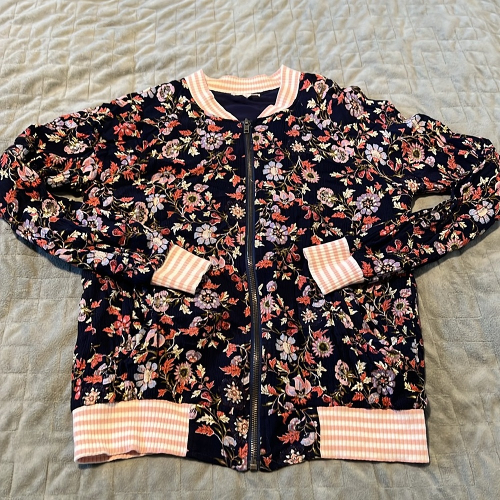 Mystree Floral Bomber Jacket, Navy Blue, Pink, Boho, Size S